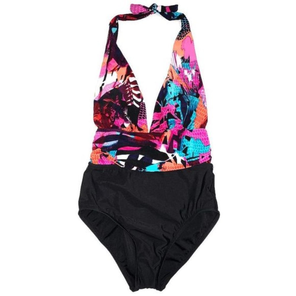 NWT Aqua Green Women's Black Abstract One Piece Swimsuit Size S 4-6